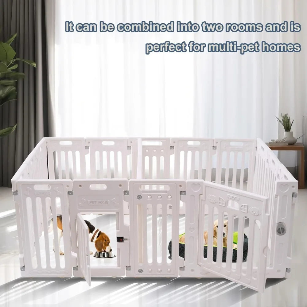 2 Room Dog Playpen with Door,DIY Shape Combination Puppy Pen,16-Panel+2 Link Piece+Large Door+Small Door,25.5" H Dog Fence,Non-S
