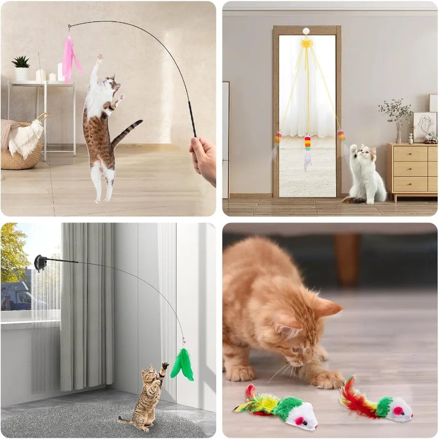 Cat Wand Toy 15 Pcs Interactive Cat Feather Toys for Indoor Self Play Exercise 2 Play Modes Kitten Teaser Wand Reusable Suction