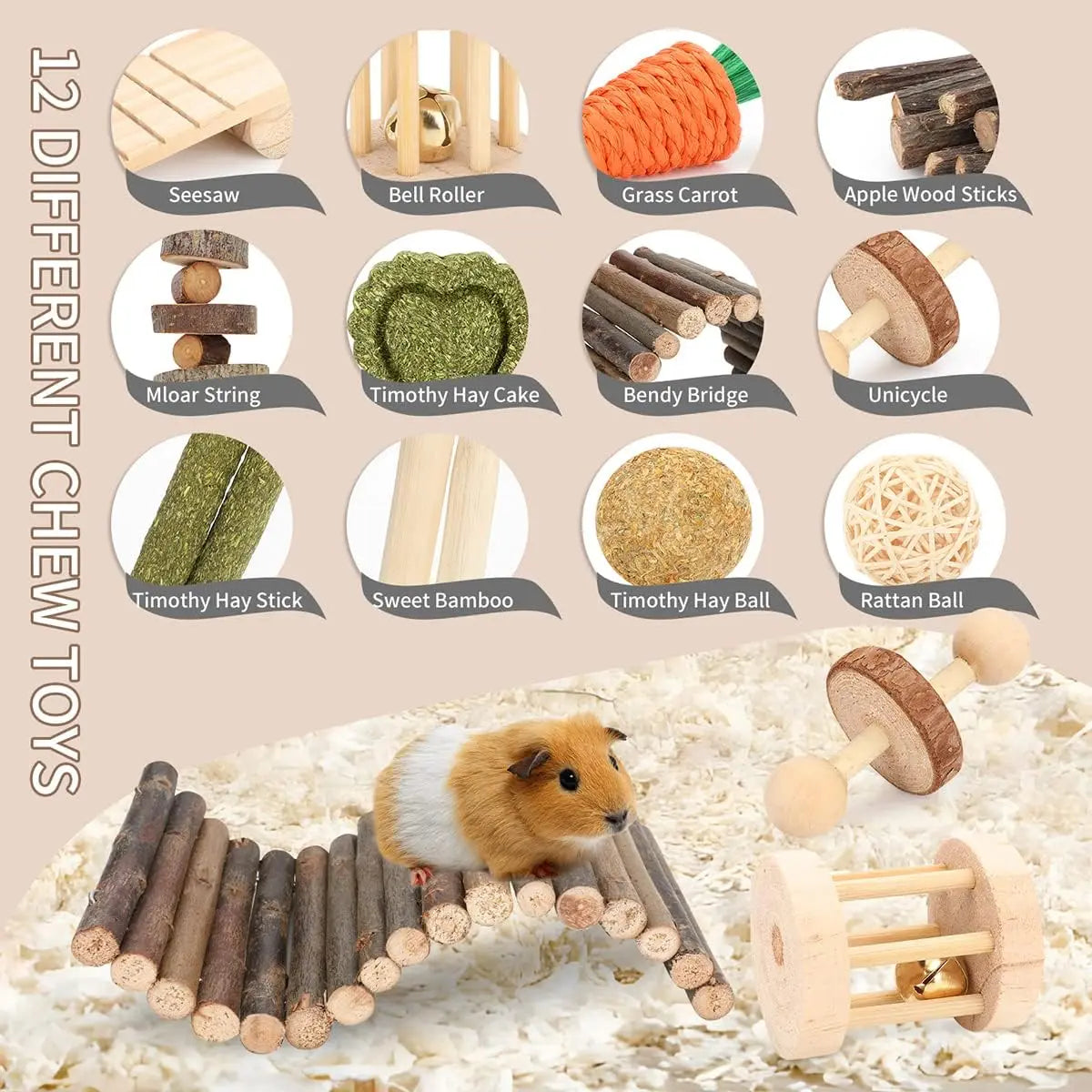 12-Piece Hamster Cage Chew Toy Set – Natural Molar Grinding & Hideout Seesaw for Rabbits, Guinea Pigs & Small Pets