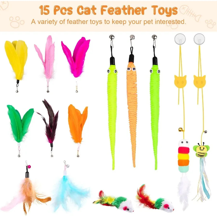 Cat Wand Toy 15 Pcs Interactive Cat Feather Toys for Indoor Self Play Exercise 2 Play Modes Kitten Teaser Wand Reusable Suction