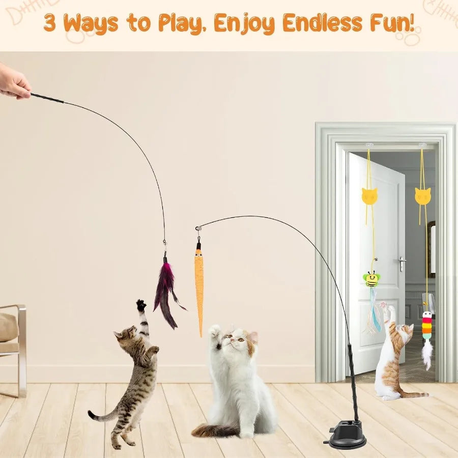 Cat Wand Toy 15 Pcs Interactive Cat Feather Toys for Indoor Self Play Exercise 2 Play Modes Kitten Teaser Wand Reusable Suction