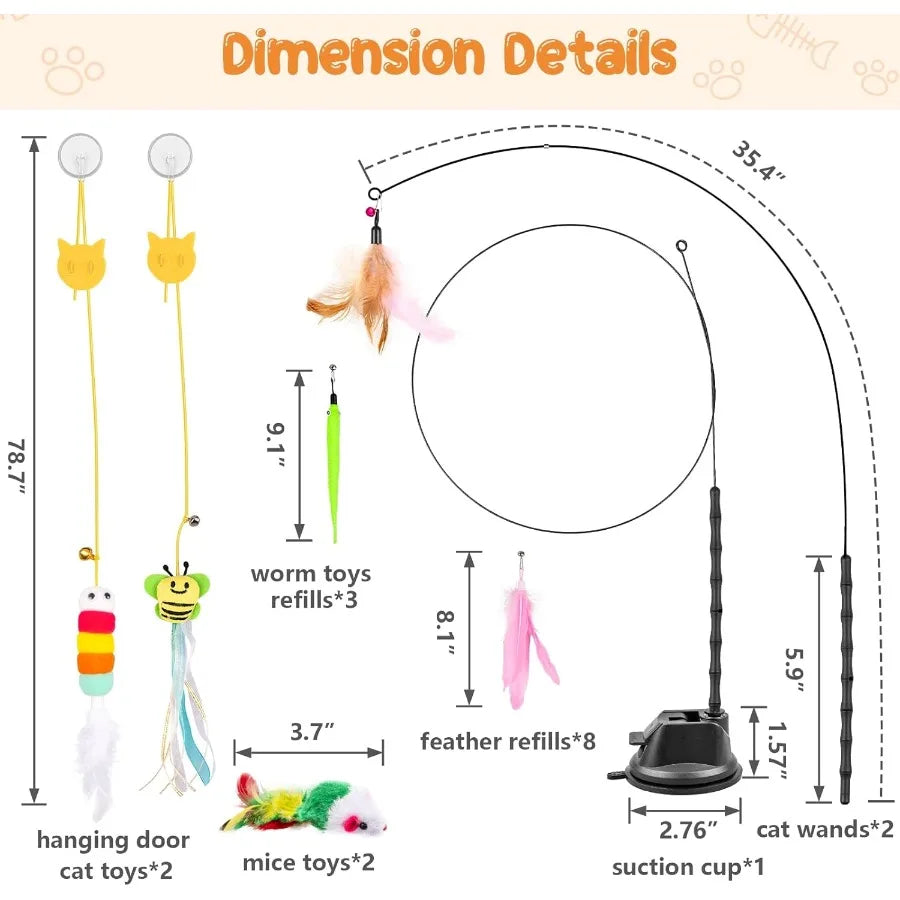 Cat Wand Toy 15 Pcs Interactive Cat Feather Toys for Indoor Self Play Exercise 2 Play Modes Kitten Teaser Wand Reusable Suction
