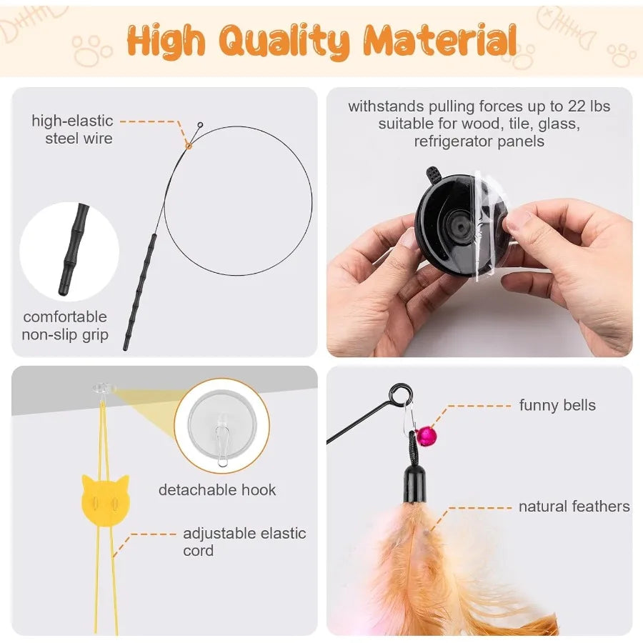 Cat Wand Toy 15 Pcs Interactive Cat Feather Toys for Indoor Self Play Exercise 2 Play Modes Kitten Teaser Wand Reusable Suction