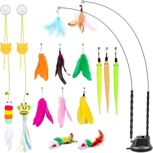 Cat Wand Toy 15 Pcs Interactive Cat Feather Toys for Indoor Self Play Exercise 2 Play Modes Kitten Teaser Wand Reusable Suction