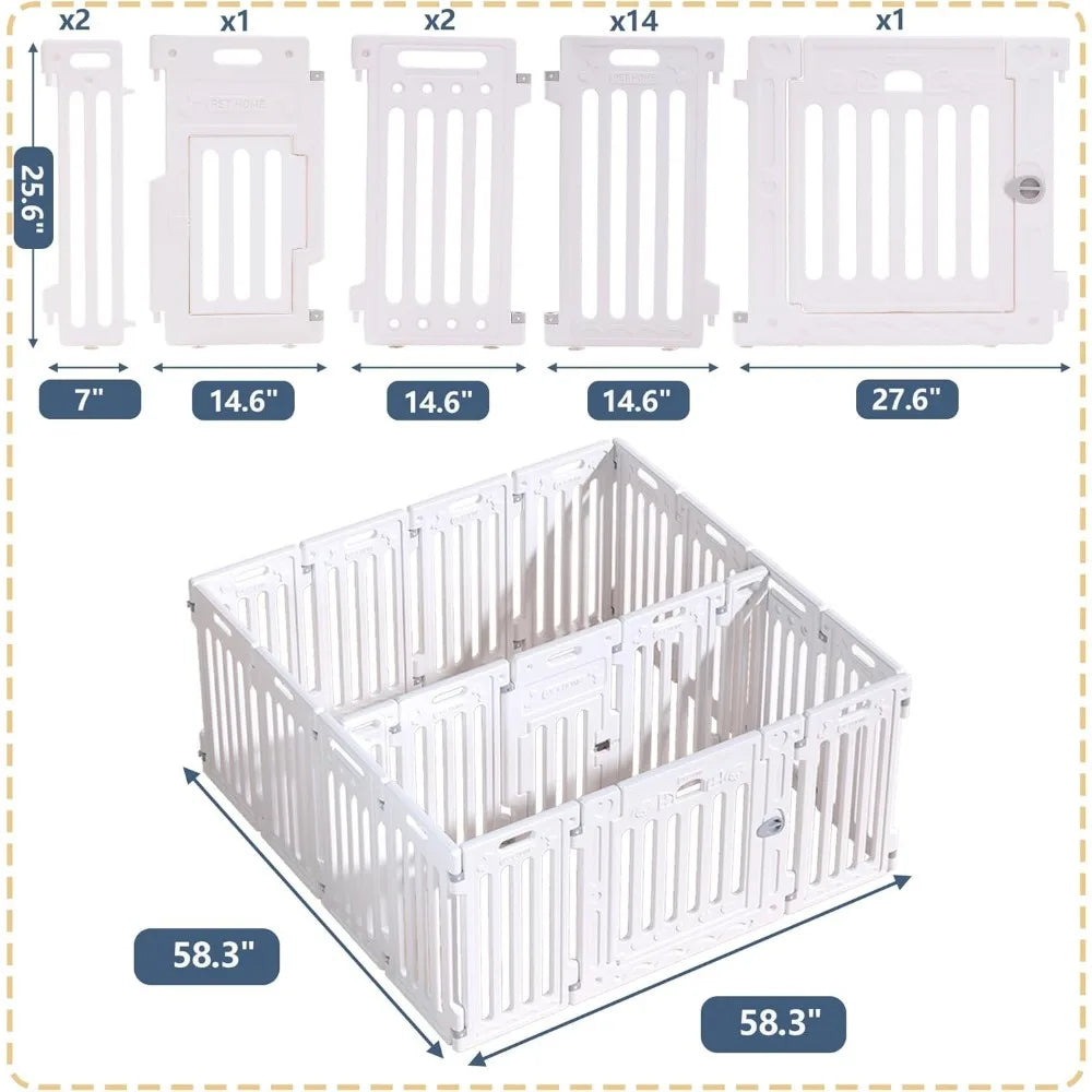 2 Room Dog Playpen with Door,DIY Shape Combination Puppy Pen,16-Panel+2 Link Piece+Large Door+Small Door,25.5" H Dog Fence,Non-S